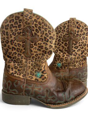 Ariat Crossroads Leopard Cross Leather Western Square Toe Boots Girls Kids 1